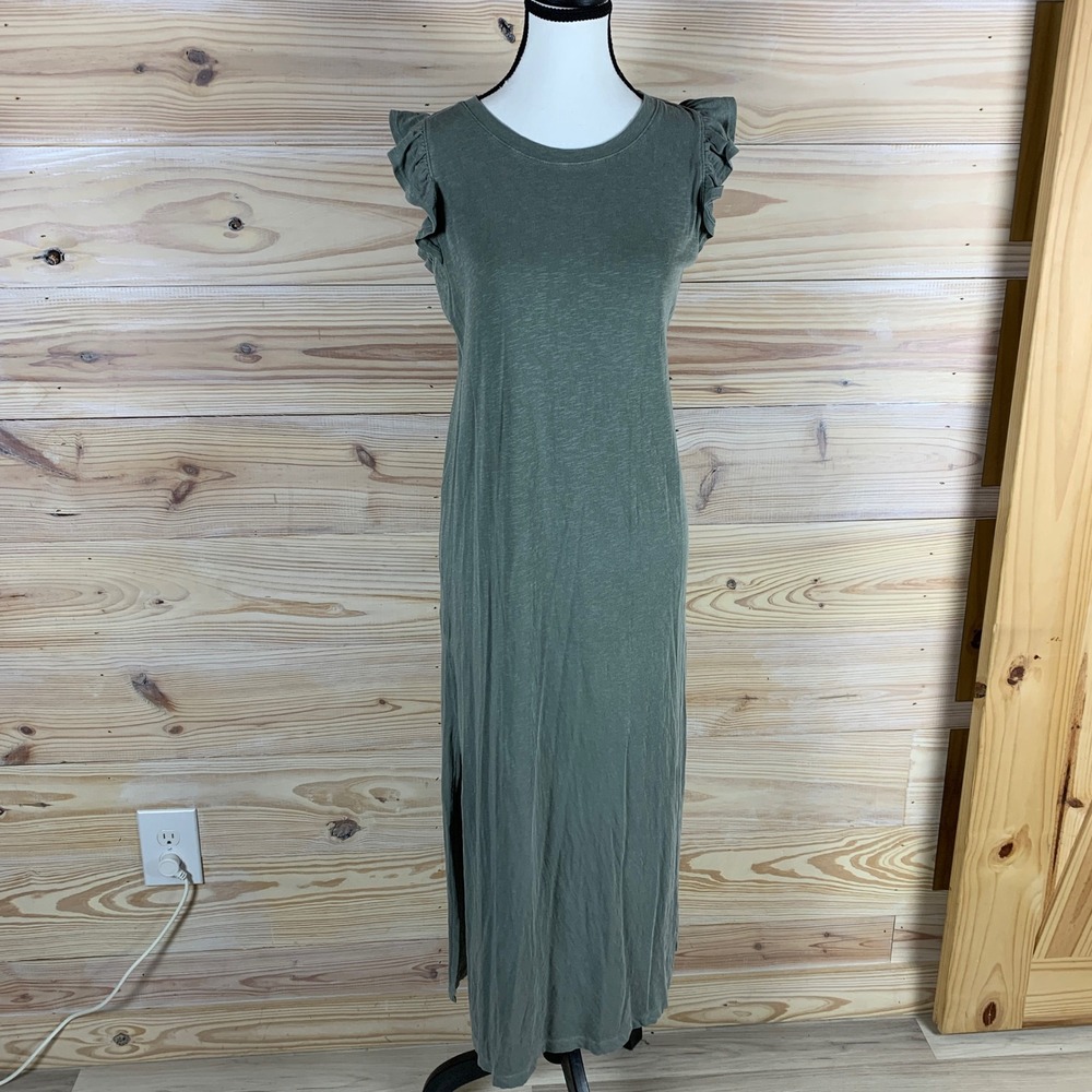 Sundry Maxi Dress Womens 1 Green Ruffle Sleeve Slub Knit Side Slit Casual Boho